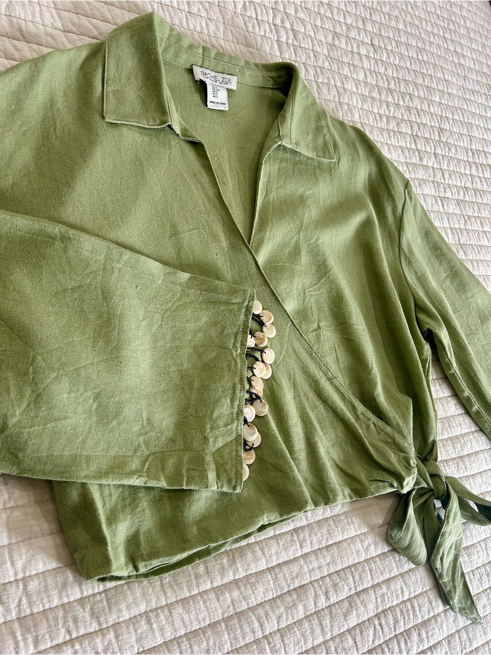 Rachel Zoe Olive Green Linen Blend Beaded Wrap Crop Top Size Small